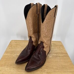 Vintage Code West Brown Leather Western Boots Tooling Inlay Sz 6.5M Made In USA